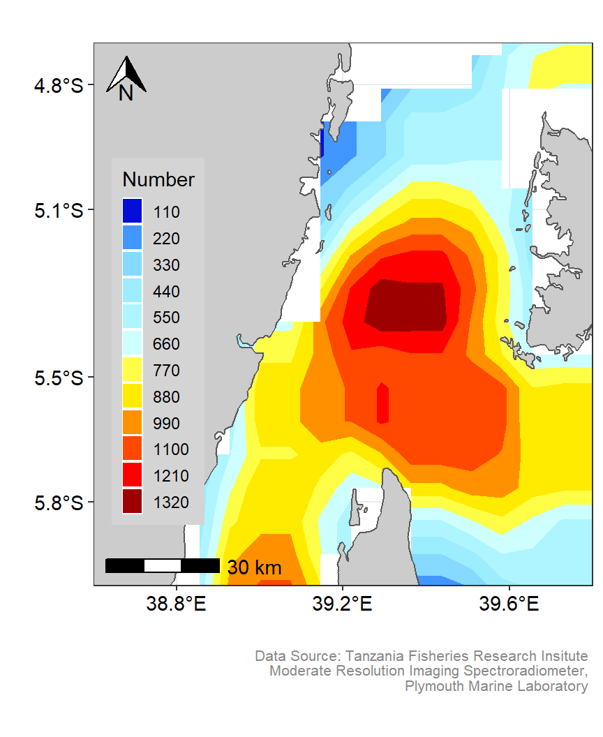 Smoothed contour spatial Distribution of Potential fishing zones in the Pemba channel. Customized color codes