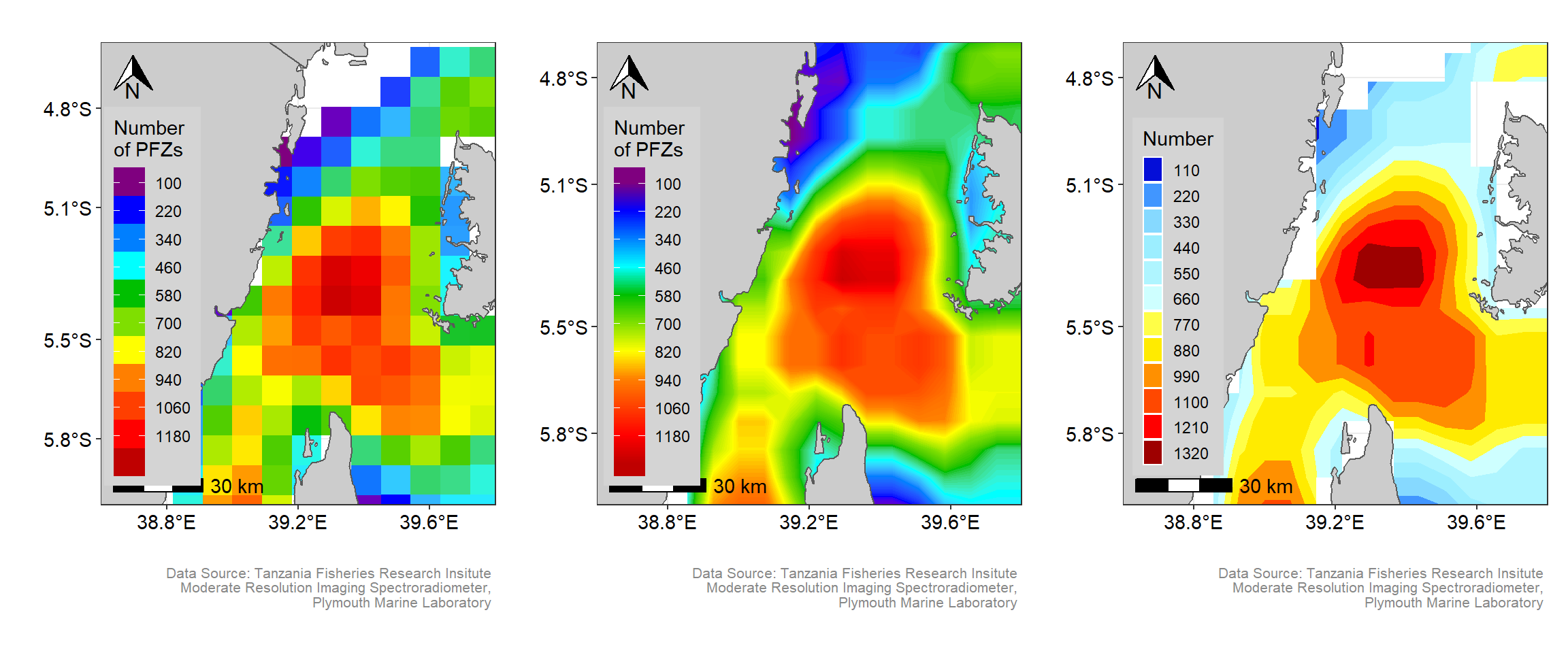 Spatial maps of PFZ genated using density polygons [left panel],  smoothed raster using metr [middle panel] and filled contour [right panel]