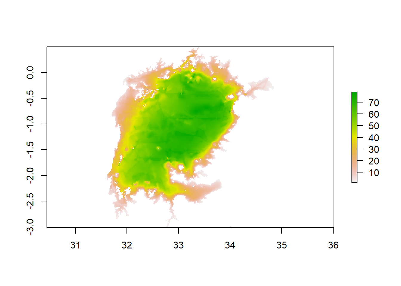 Transformed projection of Lake Victoria bathymetry to datum WGS84