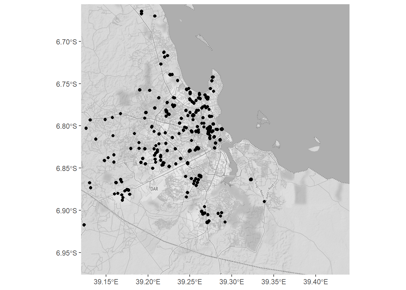 Distribution of hospitals in Dar es Salaam