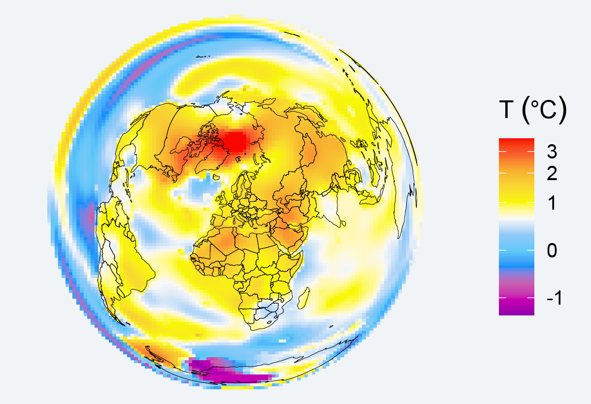 Spherical Global land and sea surface temperature anomaly for a year 2021 compared to to the 1950-1980 average